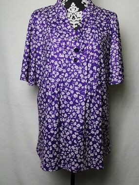 Hocosit Women's Purple/White Floral Blouse Lg Polyester/Spandex RuffleSleeve